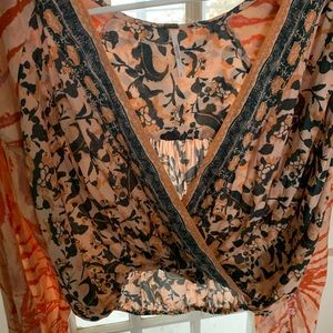 Free People Floral Wrap Top in Orange and Black